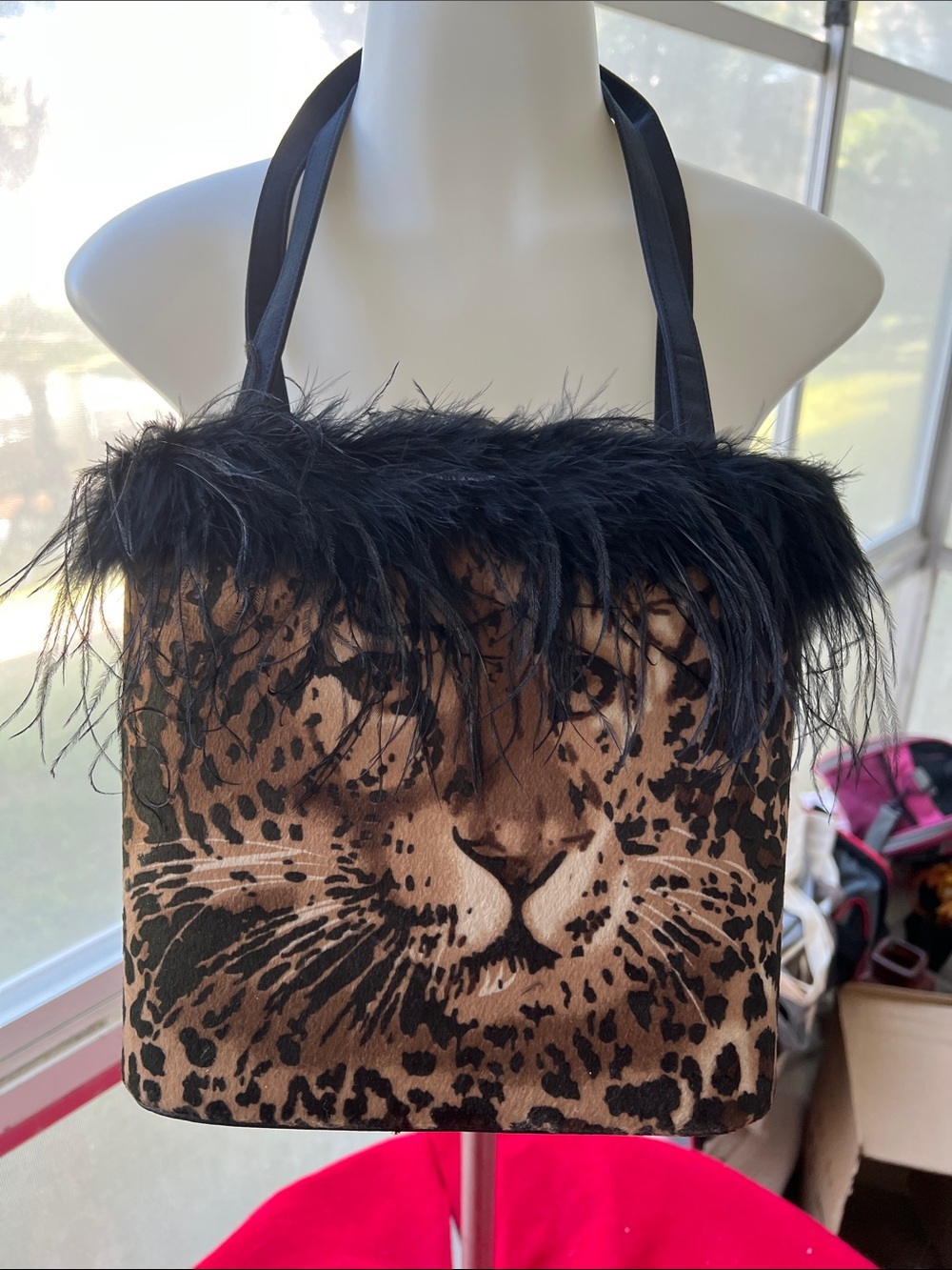 Leopard Face Faux Fur-Trim Tote Bag - Black and Brown NWT
